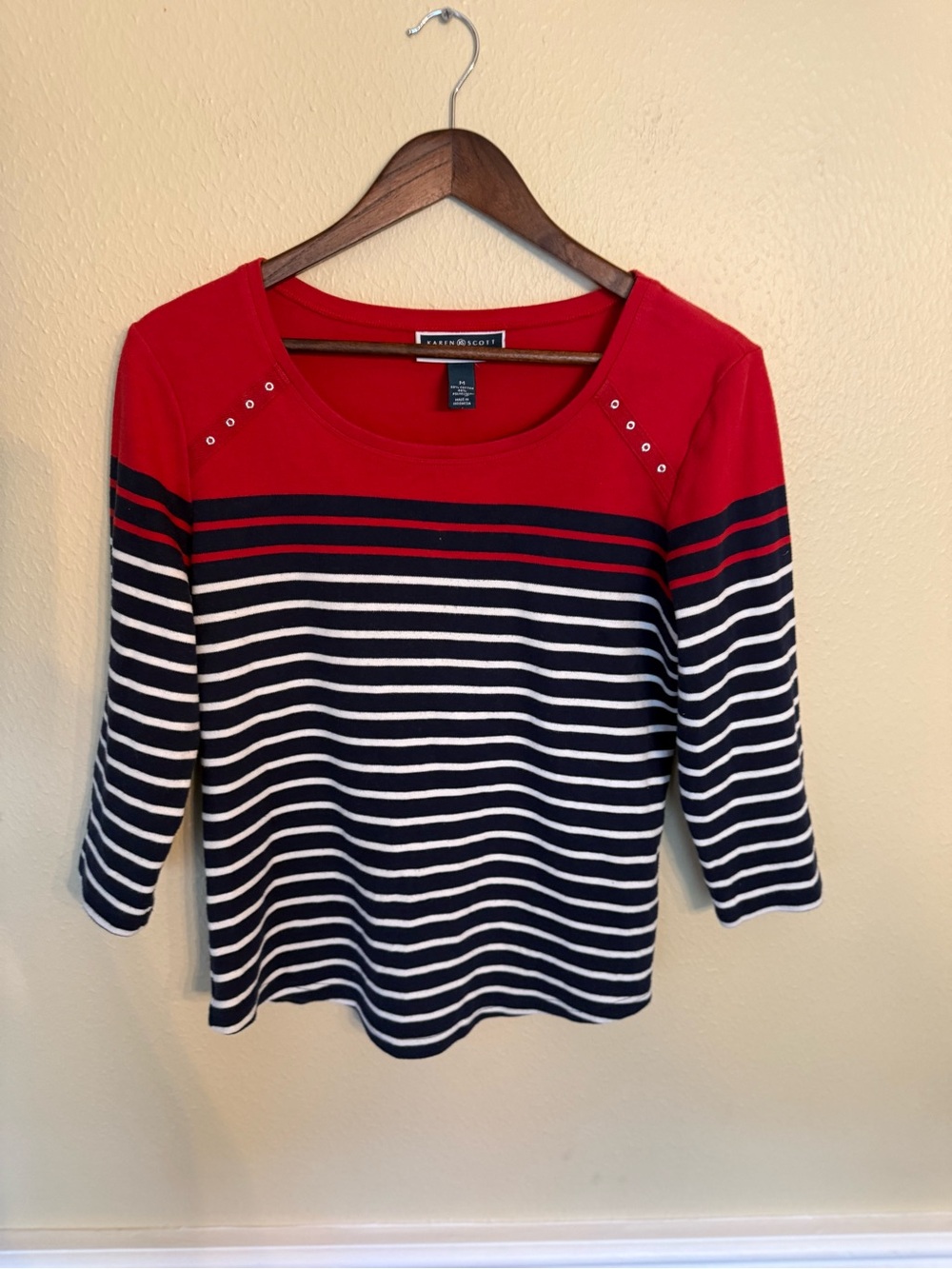 Karen Scott Red Navy White Striped Scoop Neck Long Sleeve Top
